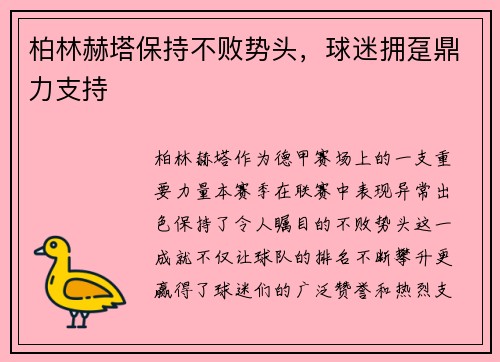 柏林赫塔保持不败势头，球迷拥趸鼎力支持